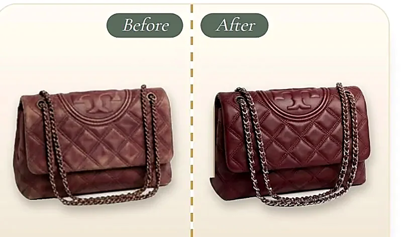 A burgundy designer bag before and after an all-in-one care treatment