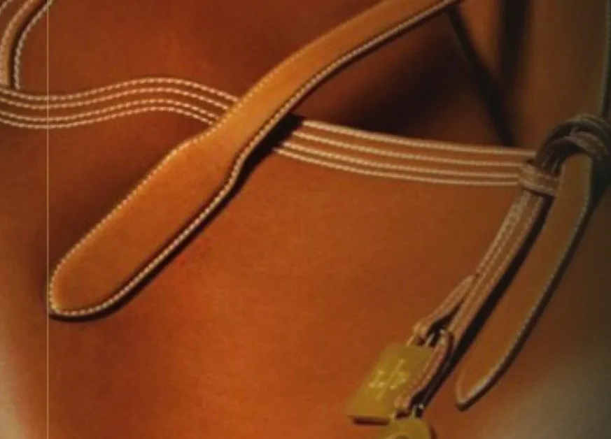 A luxury brown leather bag with a gold buckle on a wooden chair