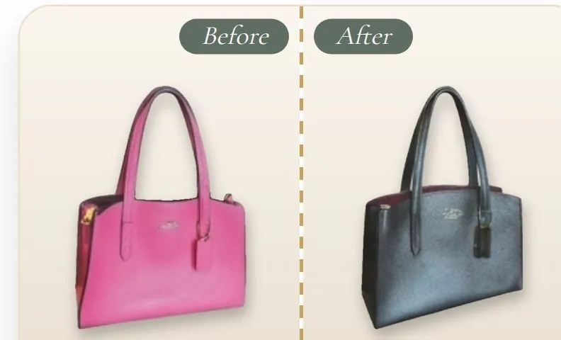 A bag comparison before and after recolouring into a new even shade